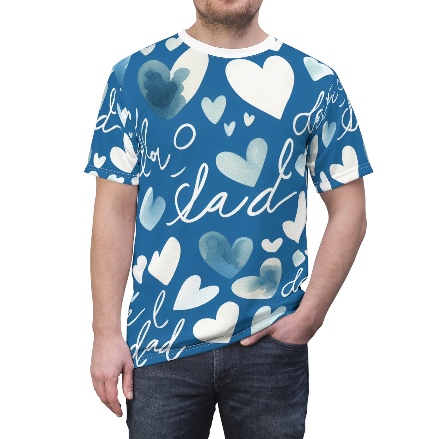 Father's Day Casual Love Theme T-Shirt - Watercolor Heart Pattern & Handwritten Kid's Scribble - Bold Blue Color - Gift for Him