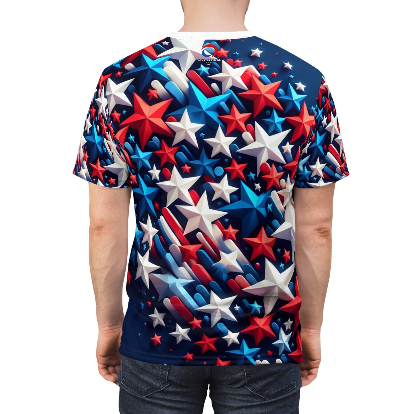 Vibrant 3D Stars Design T-shirt: Red, White & Blue - Patriotic Celebration Tee on Rich Navy Blue - American Streetwear