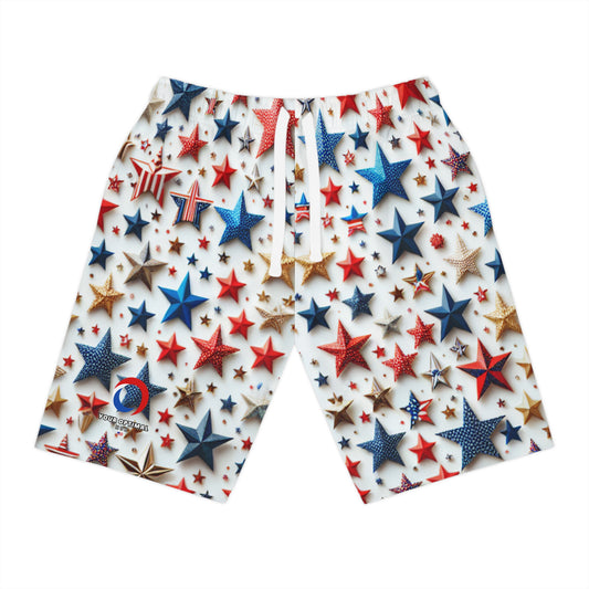 Festive Star-Spangled Shorts: Patriotic Red, Blue & Gold Star Design, Perfect for Independence Day Celebrations - Patriotic Streetwear Shorts