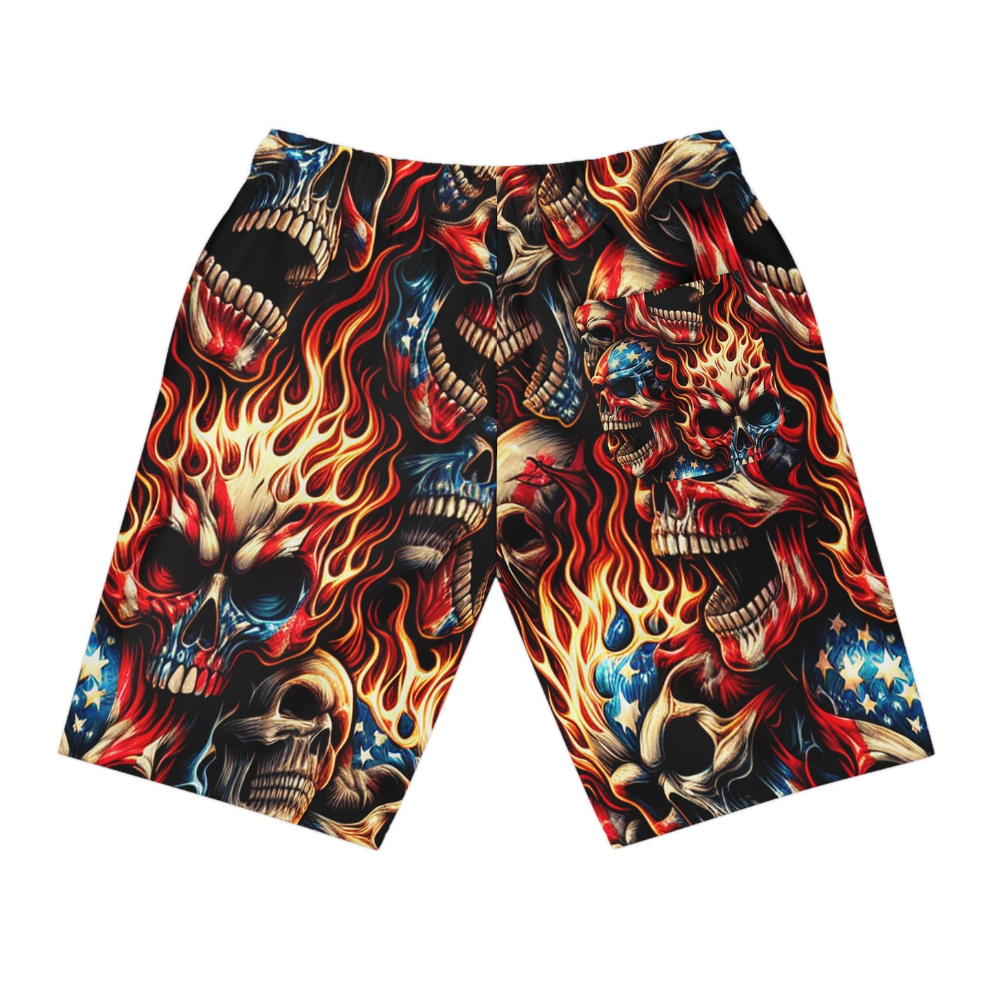 Flaming Skull Tattoo Fusion: Patriotic Fervor Men's Shorts - Patriotic Streetwear Shorts