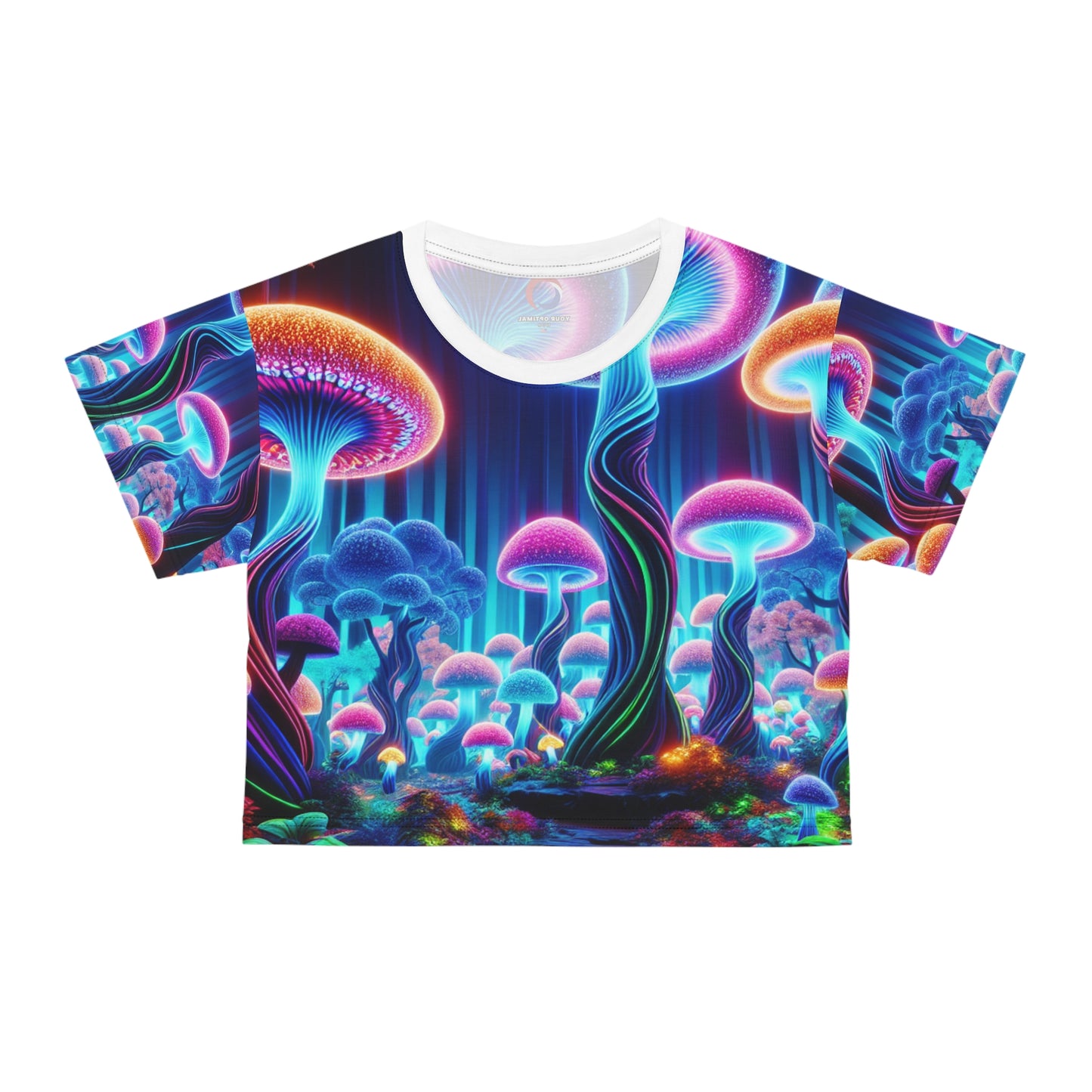 Enchanted Neon Forest Crop Tee: Women's Surreal Magic Wilderness 3D Photorealistic Top - Women's Trippy Tee