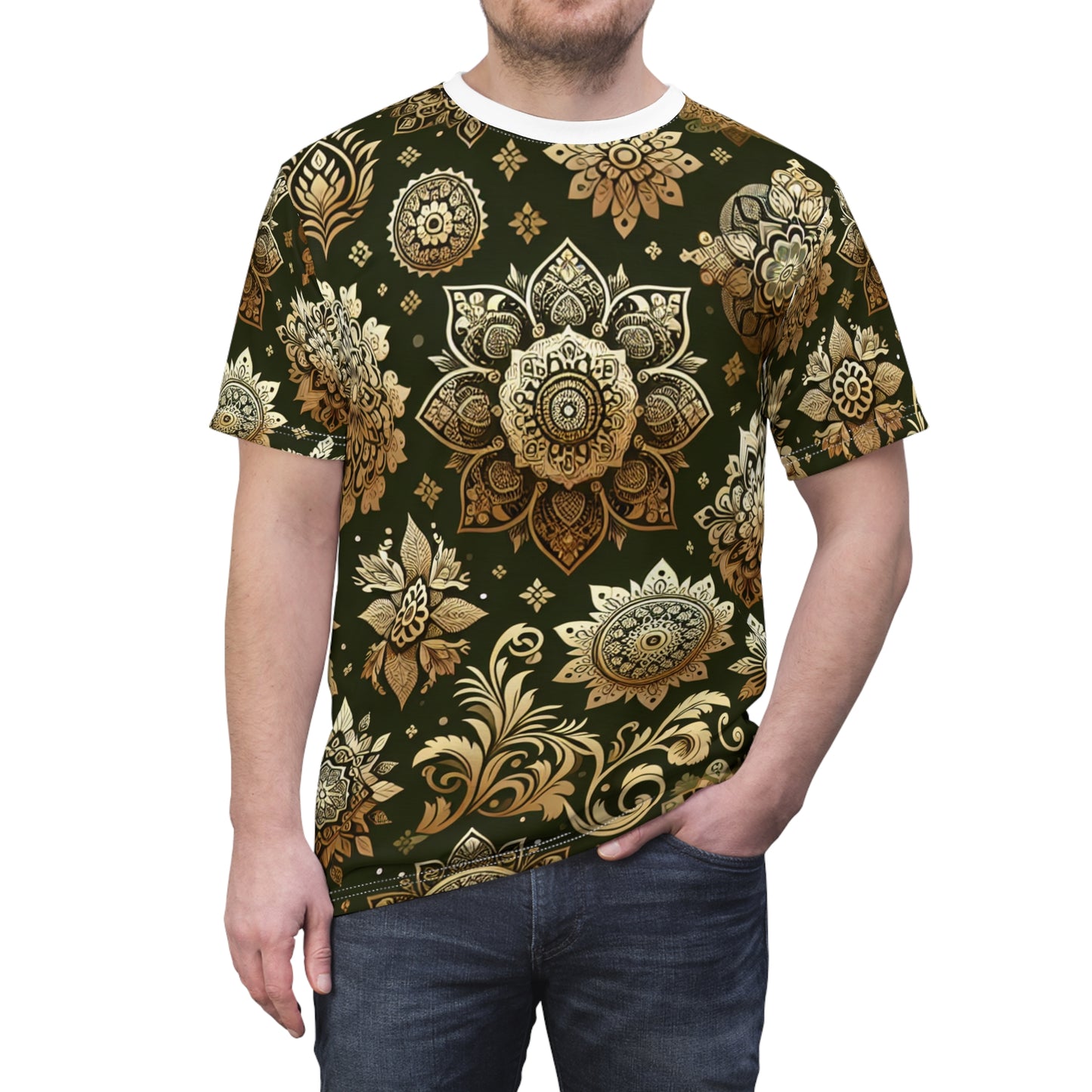 Gold Radiance Indian Motif T-Shirt: Seamless Traditional Pattern with Floral and Geometric Designs on Emerald Green - Traditional Indian Motifs Tee