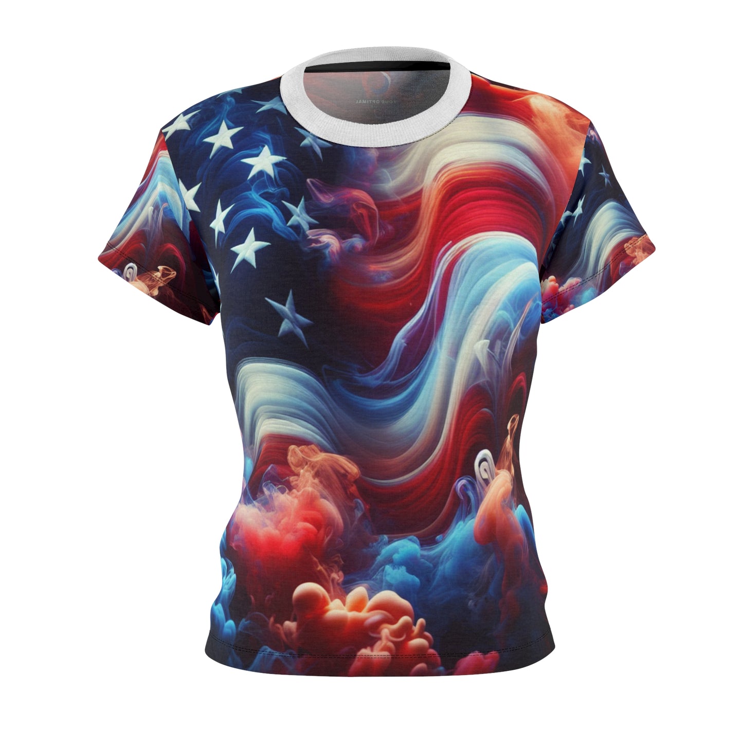 Mystical American Flag Women's T-Shirt: Surreal Stars & Stripes with Flowing Color Smoke - Patriotic Streetwear Tee