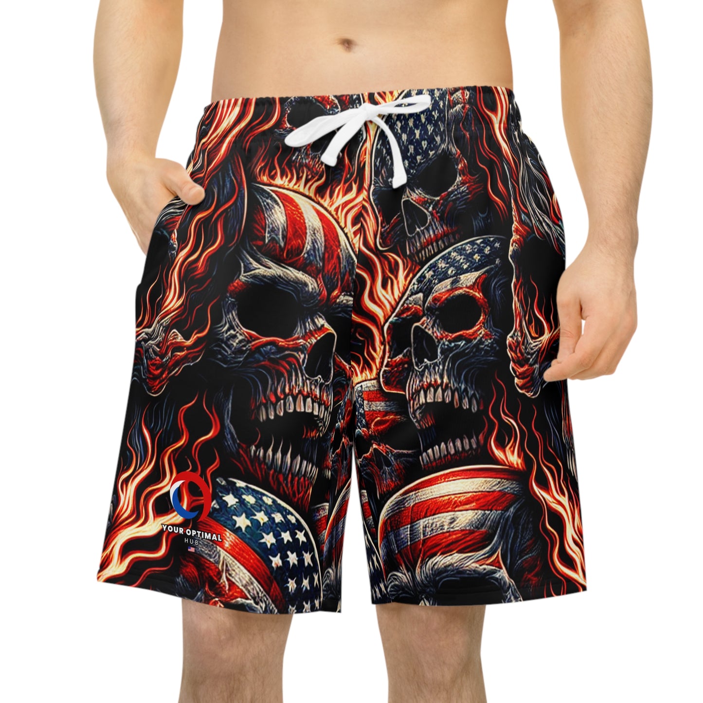 Fiery Skullsaloo Patriotic Tattoo-Style Shorts - Patriotic Streetwear Shorts