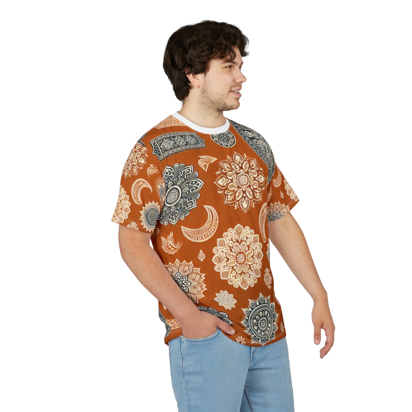 Orange Indian Motif T-Shirt – White Floral & Geometric Pattern, Minimal Ethnic Wallpaper Tee, Traditional India Design Apparel