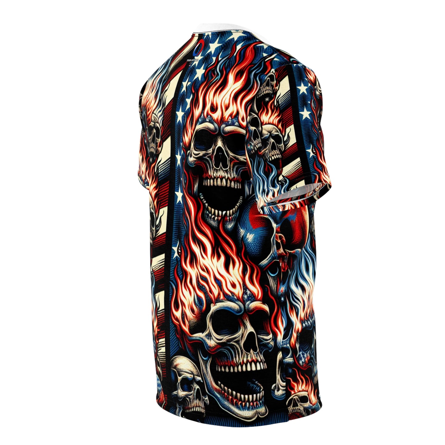 Fiery Patriotic Skulls: Intense & Menacing Tattoo-Style T-Shirt - Patriotic Streetwear Tee