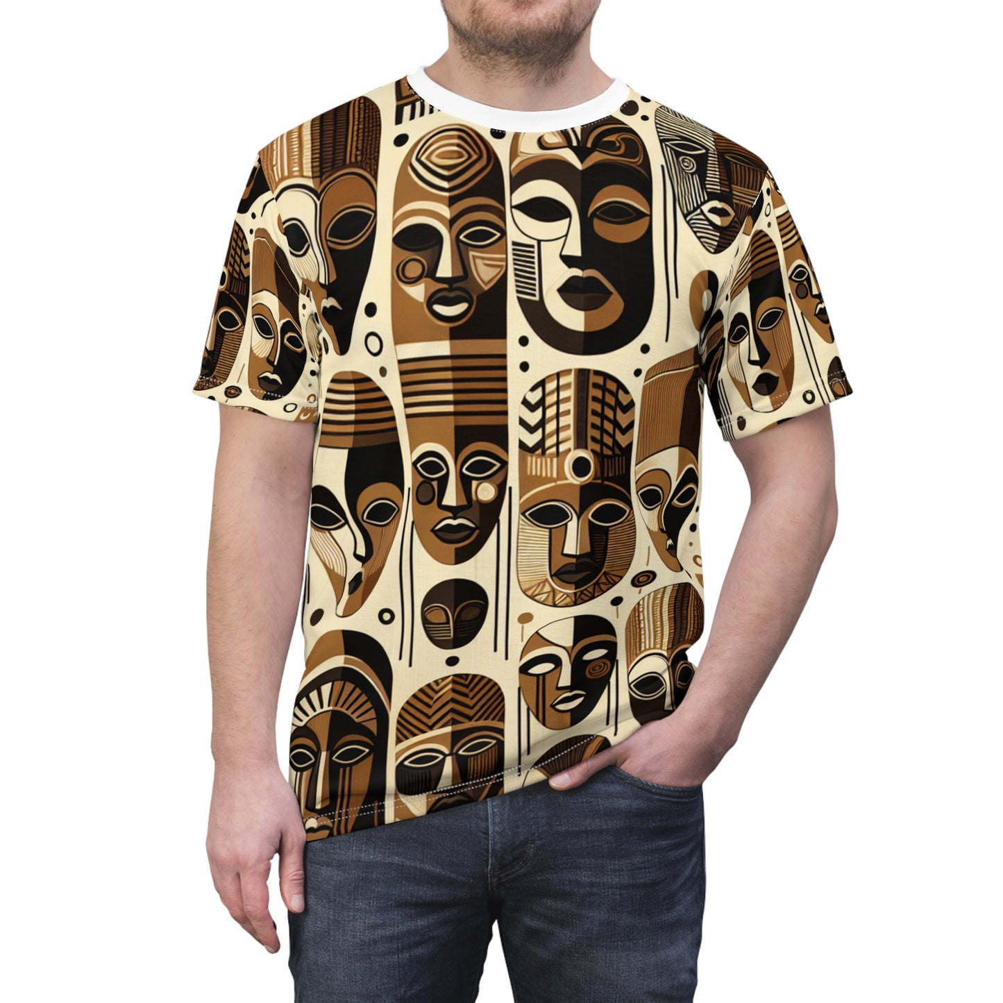 African Heritage Tapestry T-shirt: Monochrome Mask Design with Vivid Orange Details - African Tribal Pattern-Inspired Tee