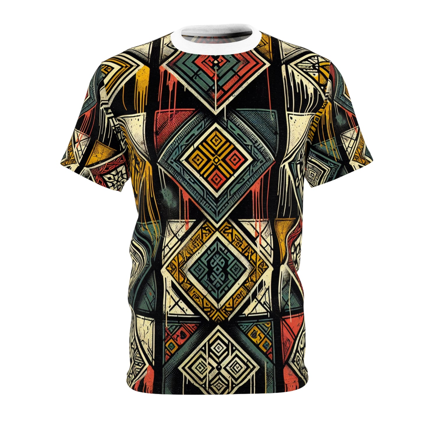 Urban Graffiti Meets Afrocentric Art - Distressed Street-Style T-Shirt with Diamond Geometric-Pattern - African Streetwear