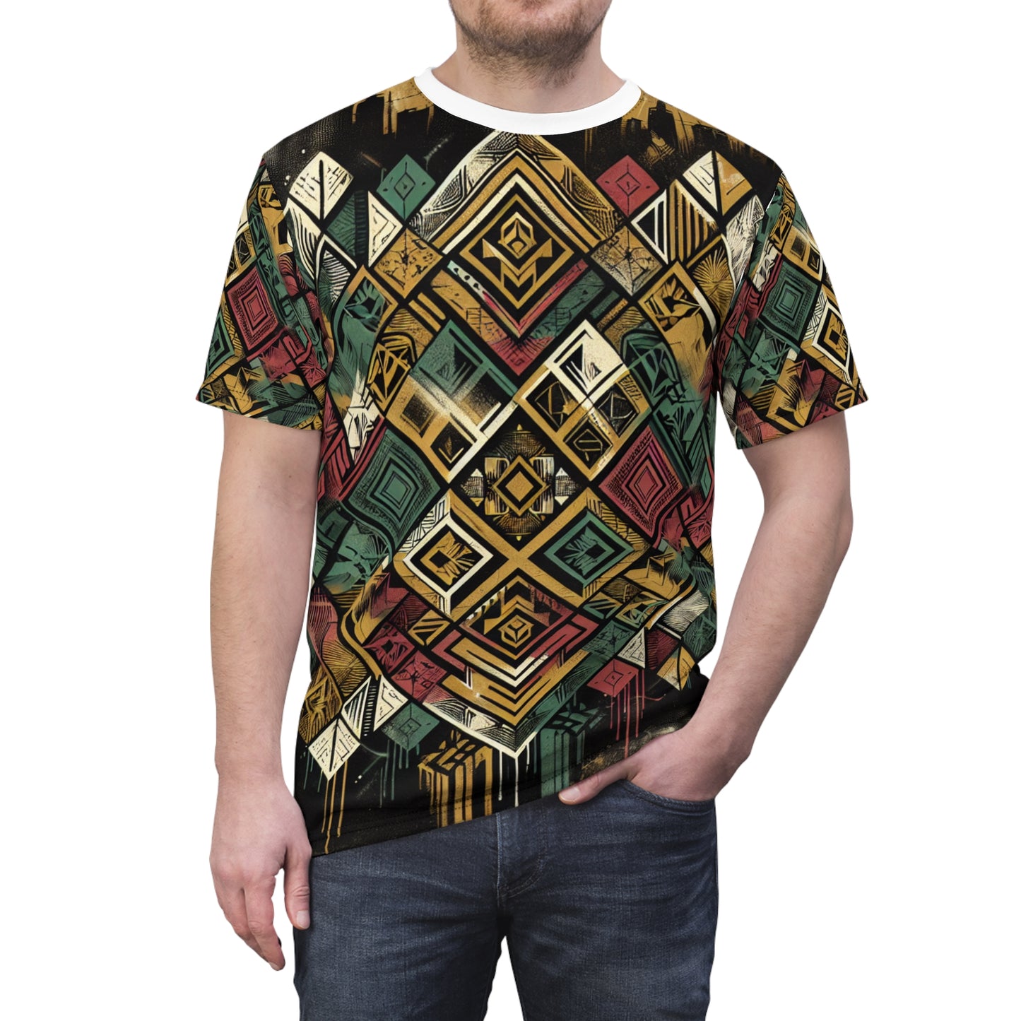 Urban Graffiti Meets African Artistry: Distressed Diamond-Grid & Geometric Tags T-Shirt - African Tribal Pattern-Inspired Tee