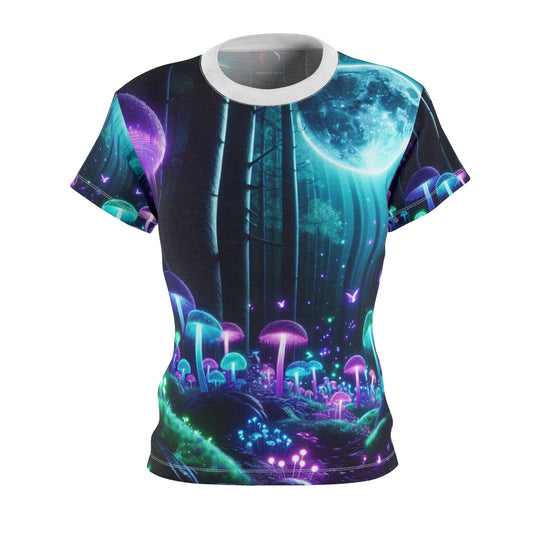 Women's Blacklight-Glow Otherworldly Forest T-Shirt- Neon Enchanted Mushroom with Bioluminescent Flora - Women's Blacklight Tee