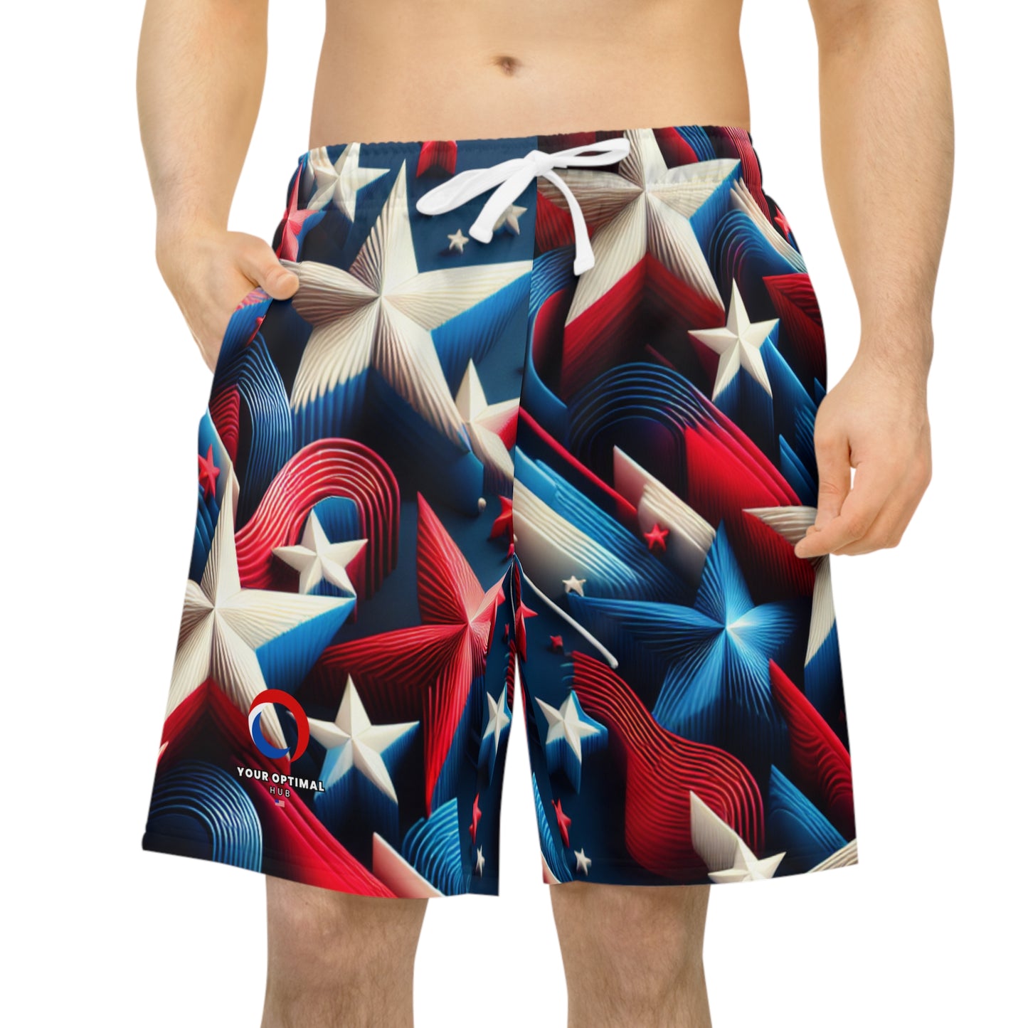 3D Star-Dazzle Shorts: Red, White, Blue Starburst - Festive, Patriotic Party Wear - Patriotic Streetwear Shorts