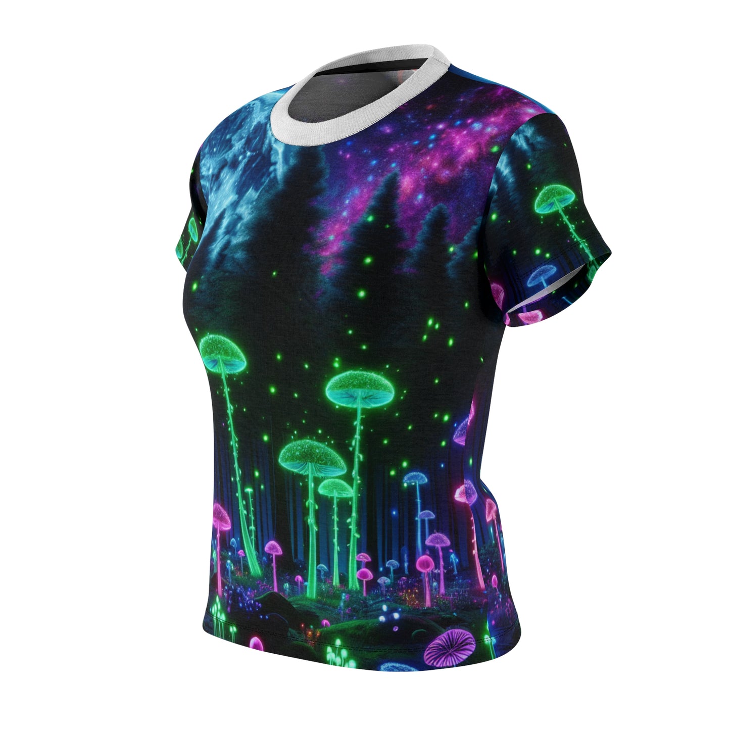 Surreal Ultraviolet Full Moon Forest Tee - Neon Mushrooms, Fluorescent Flora, Ethereal Fireflies Women's Top - Women's Blacklight Tee