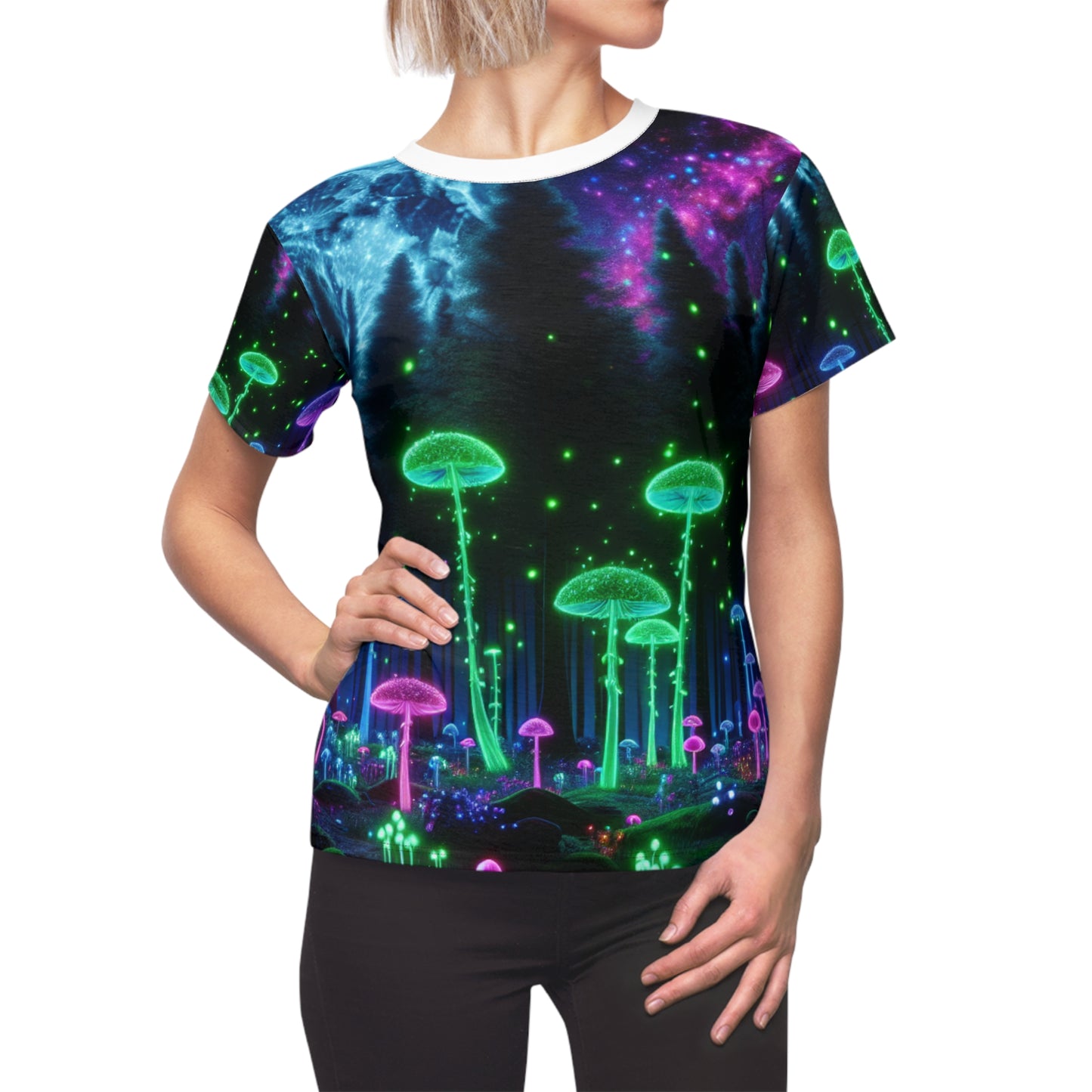 Surreal Ultraviolet Full Moon Forest Tee - Neon Mushrooms, Fluorescent Flora, Ethereal Fireflies Women's Top - Women's Blacklight Tee