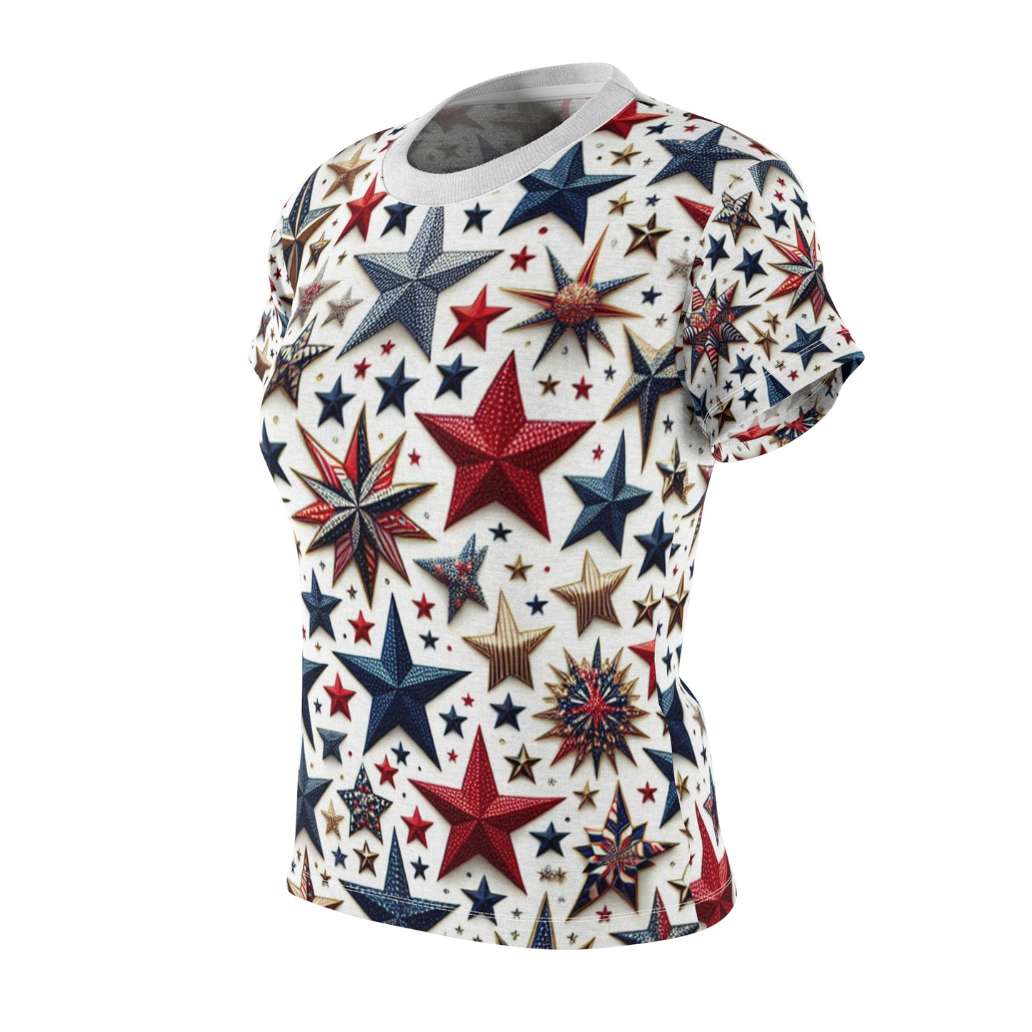 Patriotic Star-Spangled Women's T-Shirt in Red, Blue & Gold for Festive Celebration - Patriotic Streetwear Tee