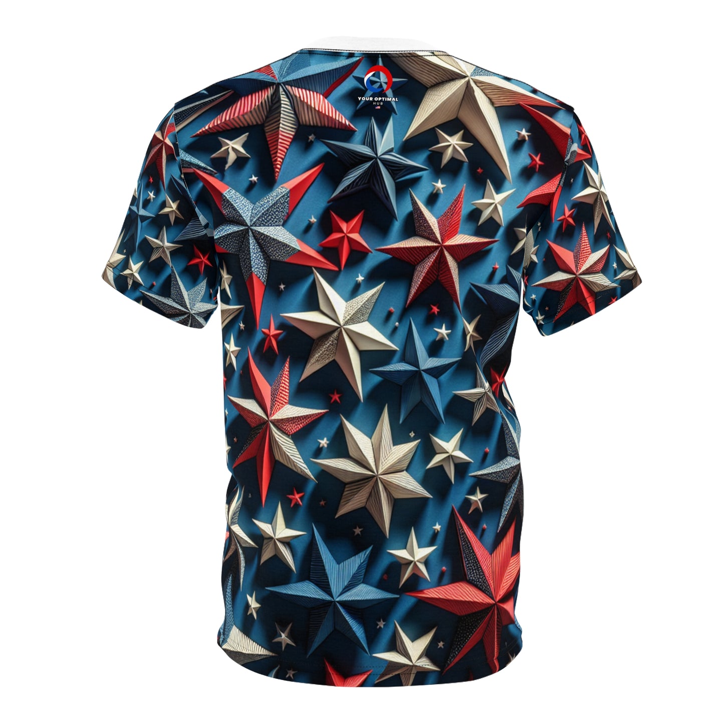 3D Patriotic Starburst T-Shirt - Vibrant Red, White & Blue Star Design on Deep Blue Background - Patriotic Streetwear Tee