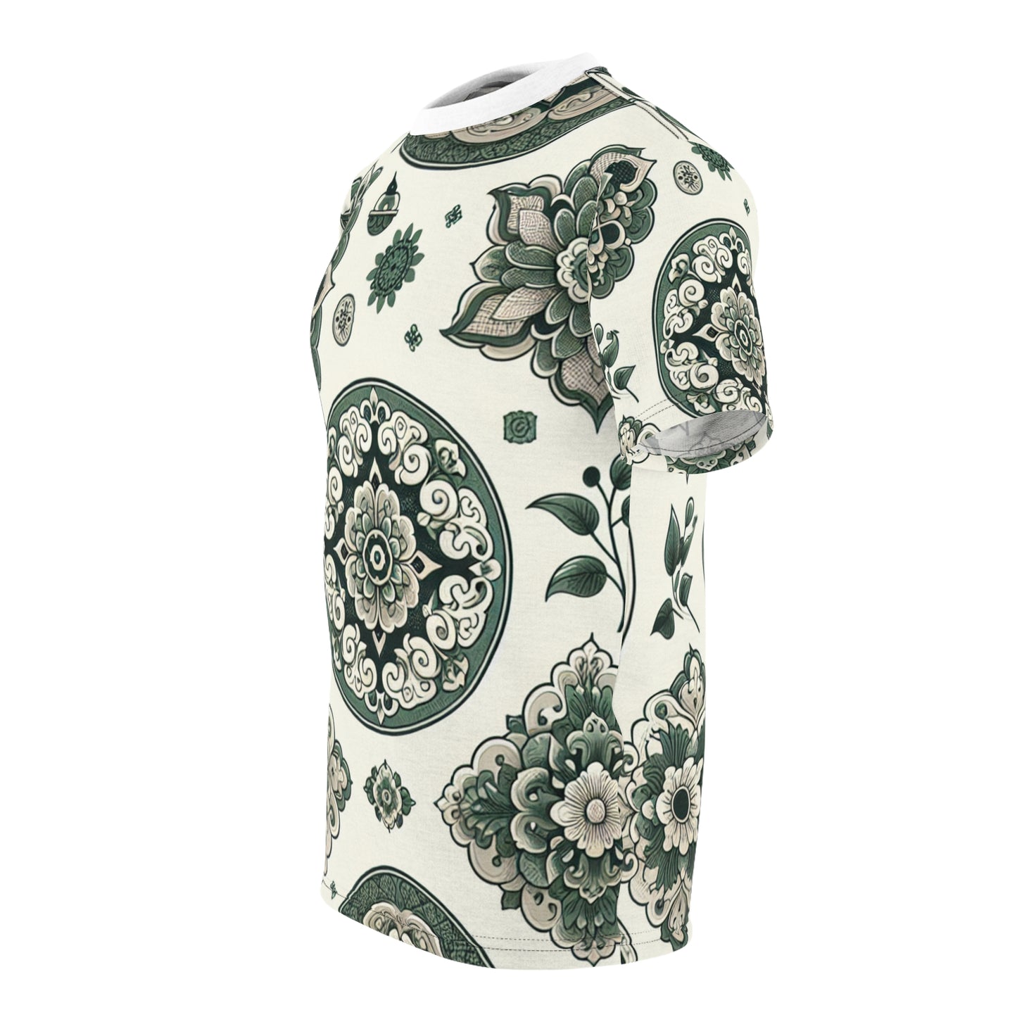 Classic Indian Motif T-Shirt - Intricate Geometric & Floral Design in Green on White - Modern Minimalist Apparel Inspired by Traditional Indian Motifs