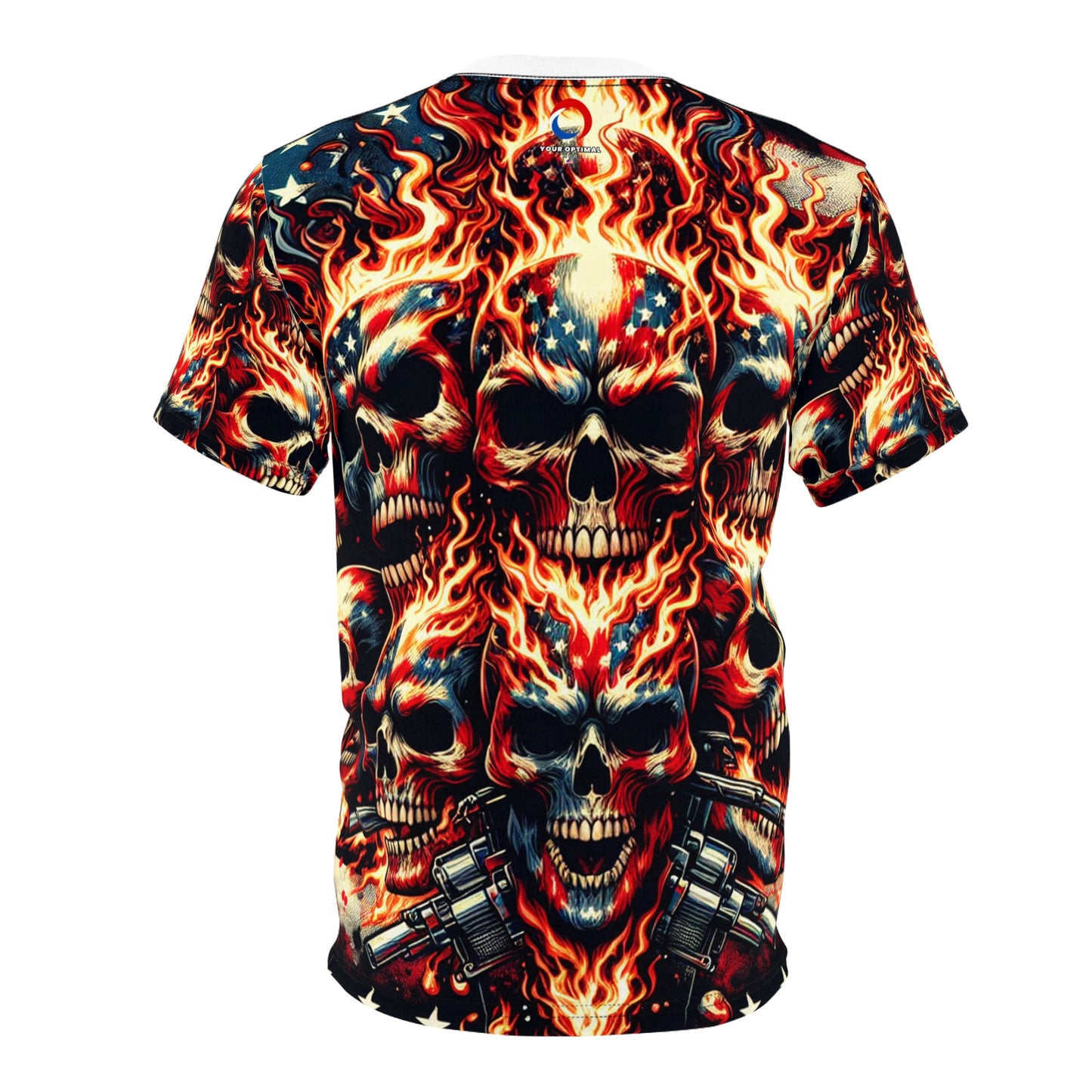 Flaming Skull Spectacle: Patriotic Tattoo Mastery T-Shirt - Patriotic Fashion Tee