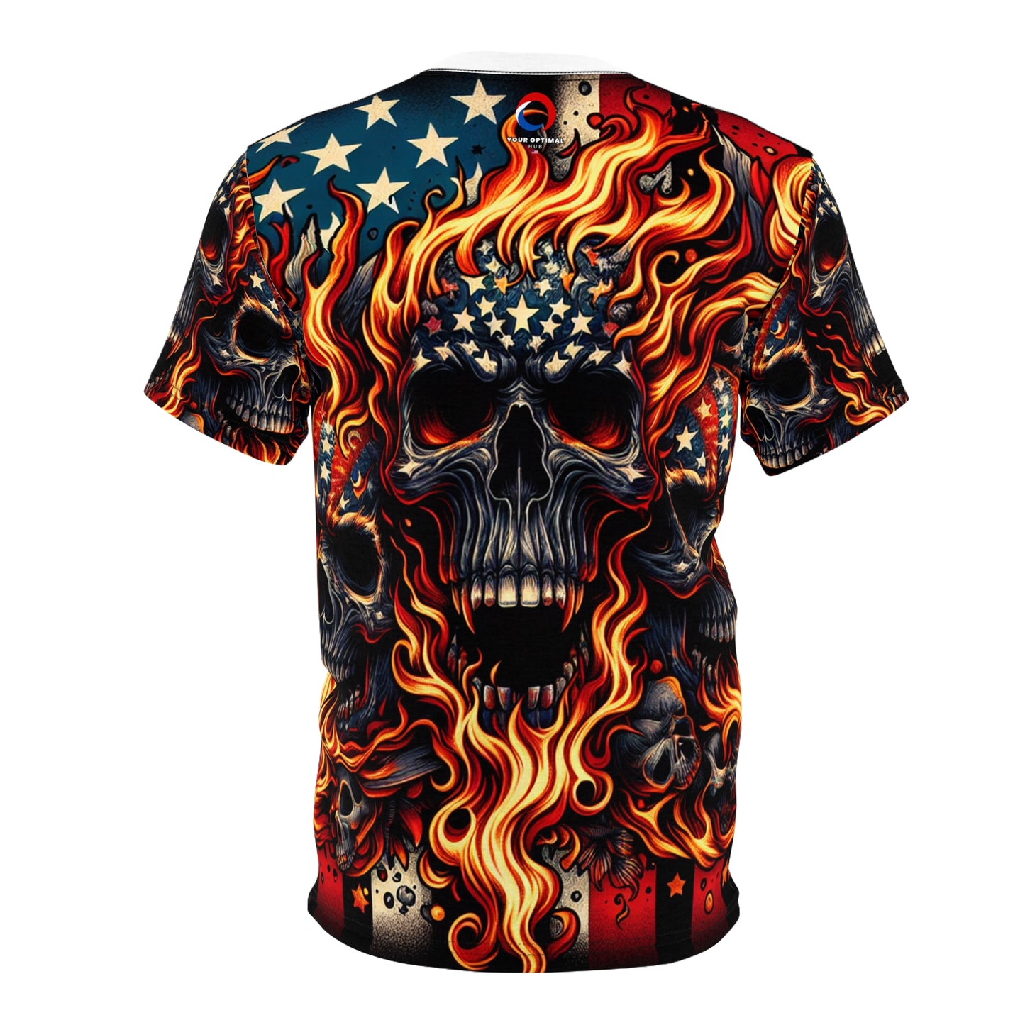 Fiery Patriotic Inferno: Skulls Unleashed in Bold American Glory T-shirt - Patriotic Streetwear Tee