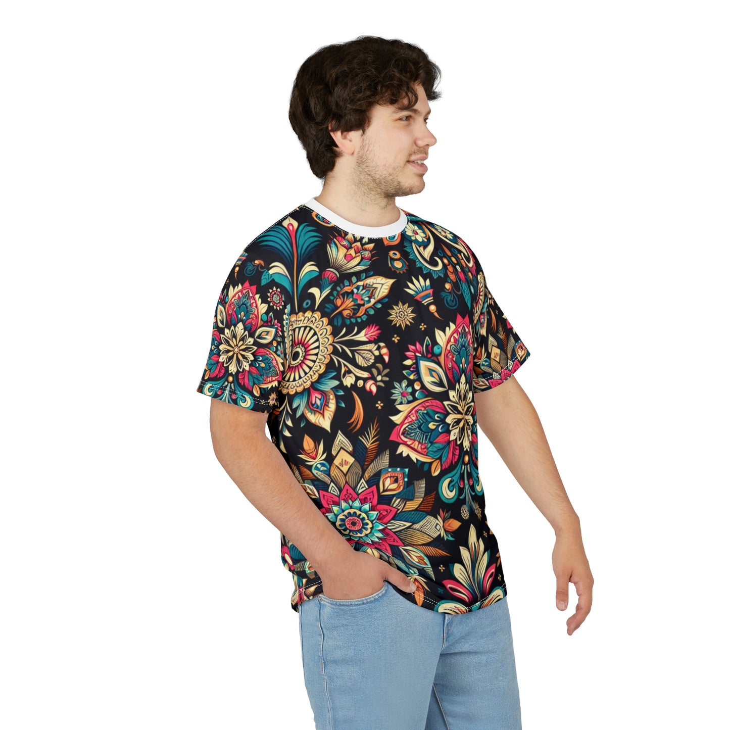 UV Reactive Boho-Chic T-Shirt with Intricate Neon Indian Motifs on Black Background - Scattered Geometric Floral Design