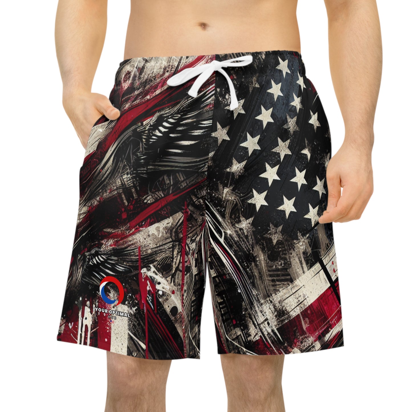 Grunge Flag Graffiti Shorts | Distressed American Patriot Streetwear | Edgy Urban Style Splash Art | Patriotic Streetwear Shorts