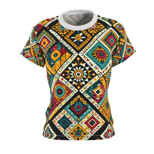 Vibrant African Storytelling Geometric-Pattern Women's T-shirt – Bold Colors & Tribal Symbols Shirt - African Tribal Pattern-Inspired