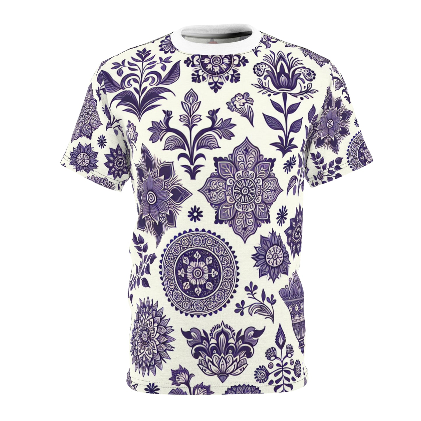 Classic Indian Heritage Seamless Pattern T-Shirt in Purple - Traditional Floral & Geometric Motifs on a White Background - Modern Minimal Aesthetic Apparel