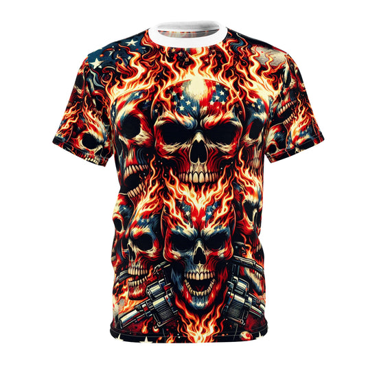 Flaming Skull Spectacle: Patriotic Tattoo Mastery T-Shirt - Patriotic Fashion Tee