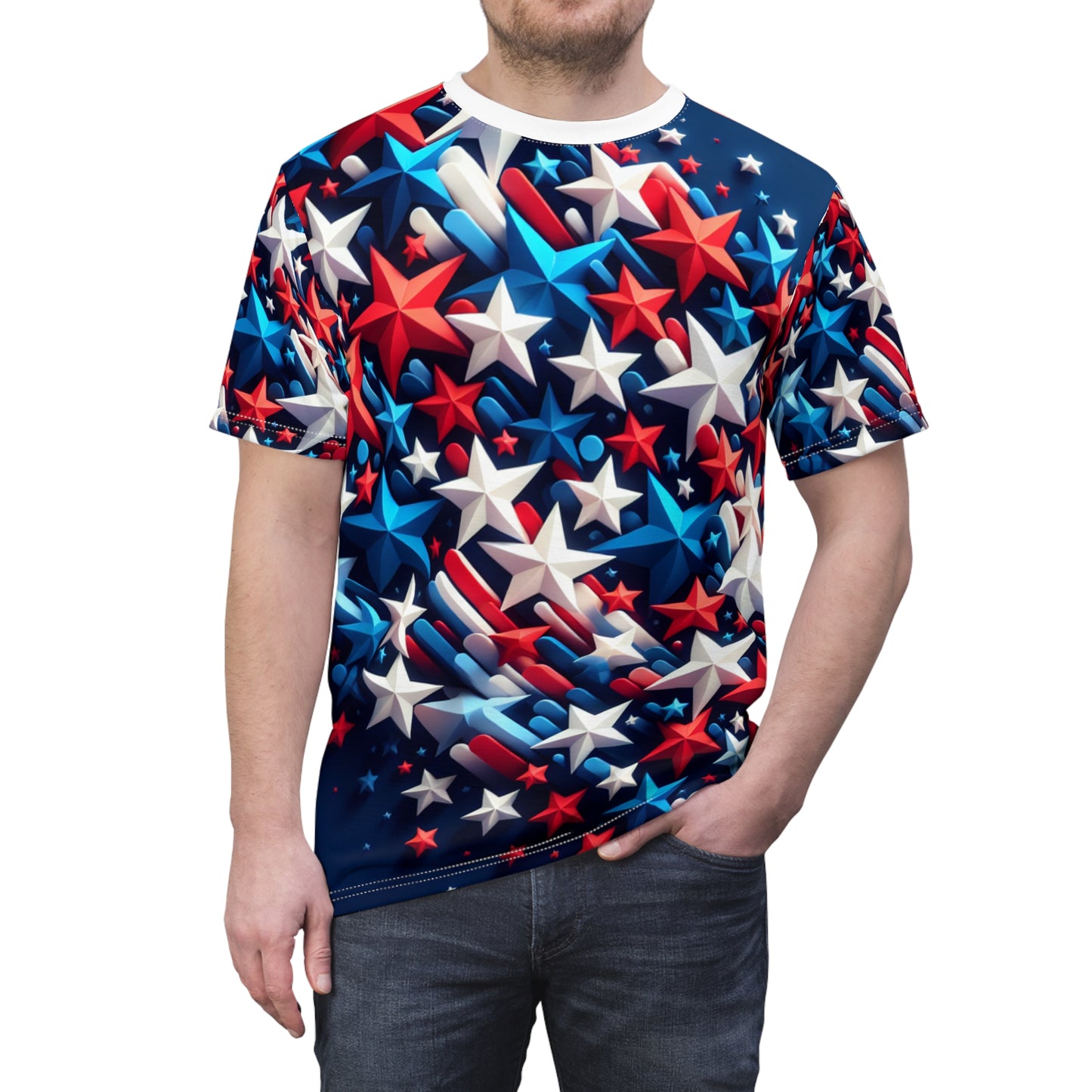 Vibrant 3D Stars Design T-shirt: Red, White & Blue - Patriotic Celebration Tee on Rich Navy Blue - American Streetwear