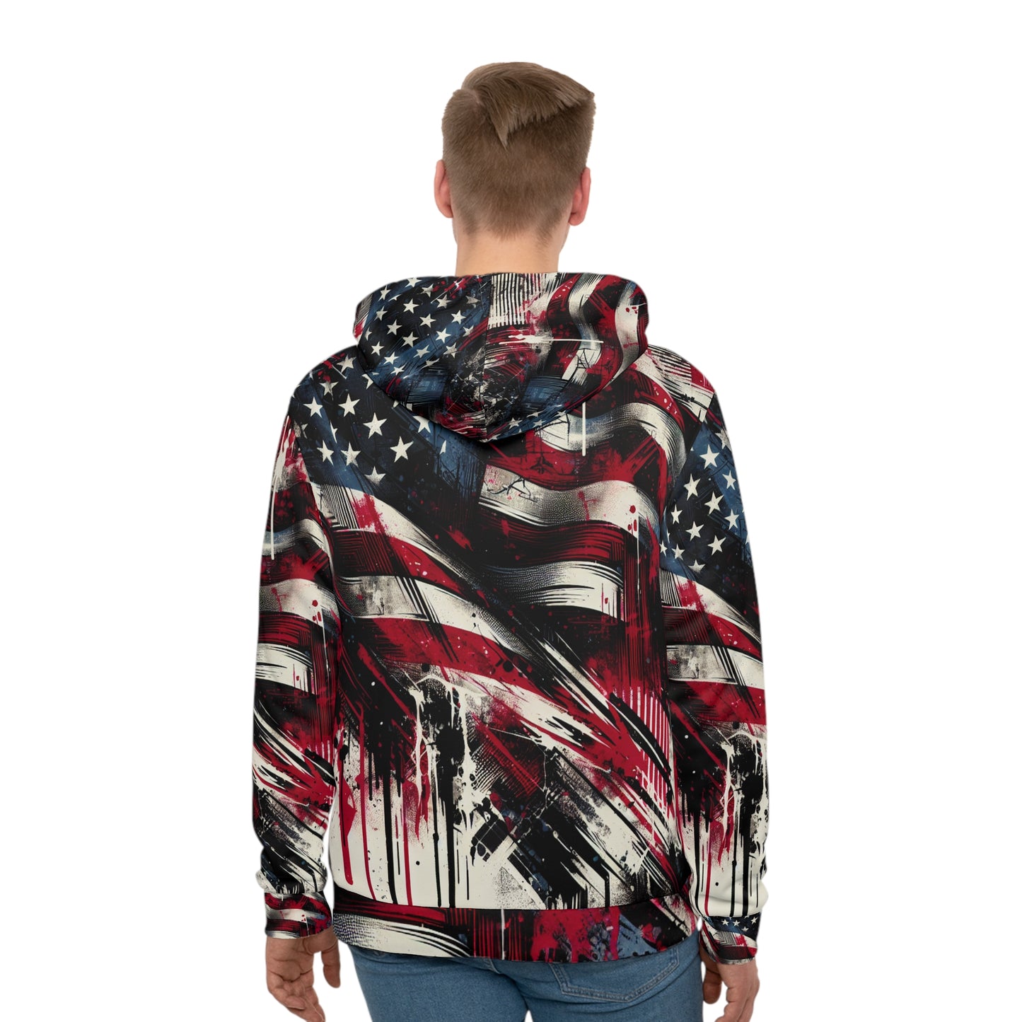 Grunge American Flag Streetwear Hoodie with Intense Graffiti Art - Weathered Stars and Stripes Splatter Design - Patriotic Streetwear