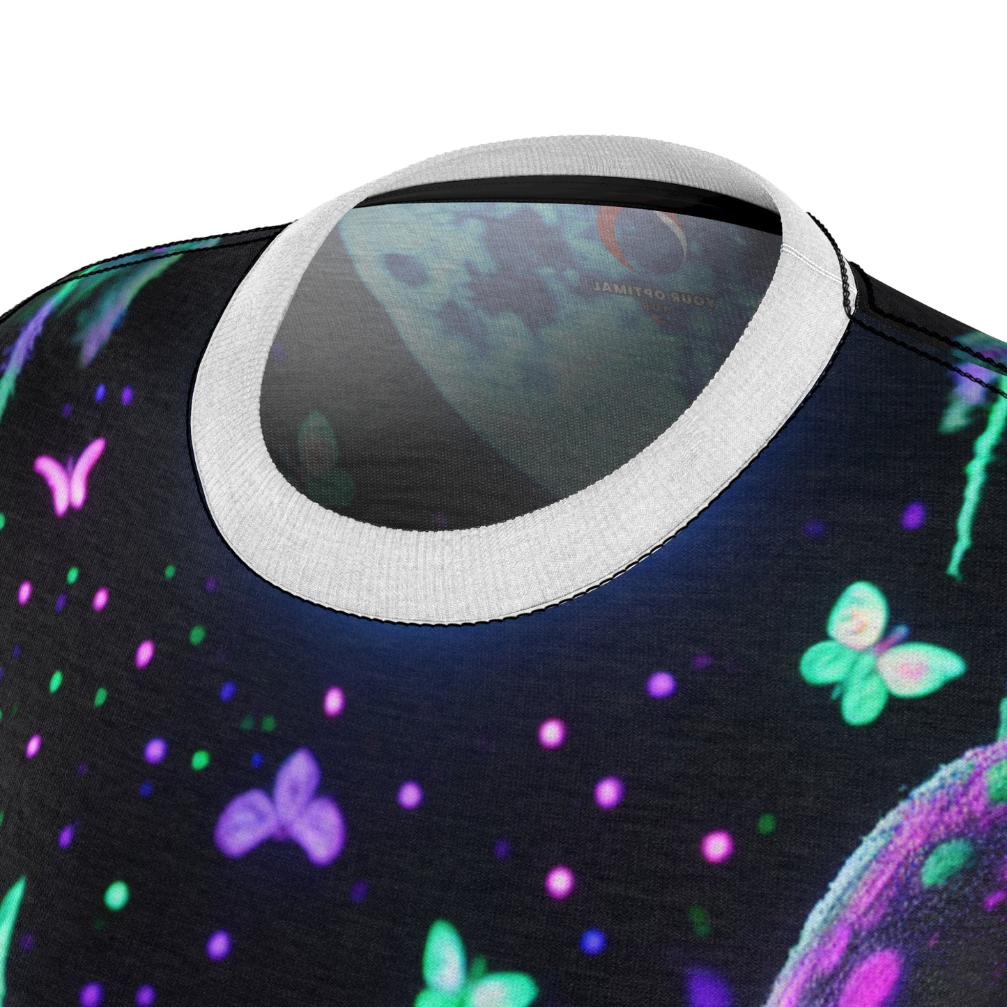 Fantastical Moonlit Forest T-Shirt - Blacklight Reactive - Neon Mushrooms, Glowing Flora, & Enchanted Fireflies - Women's Blacklight Tee