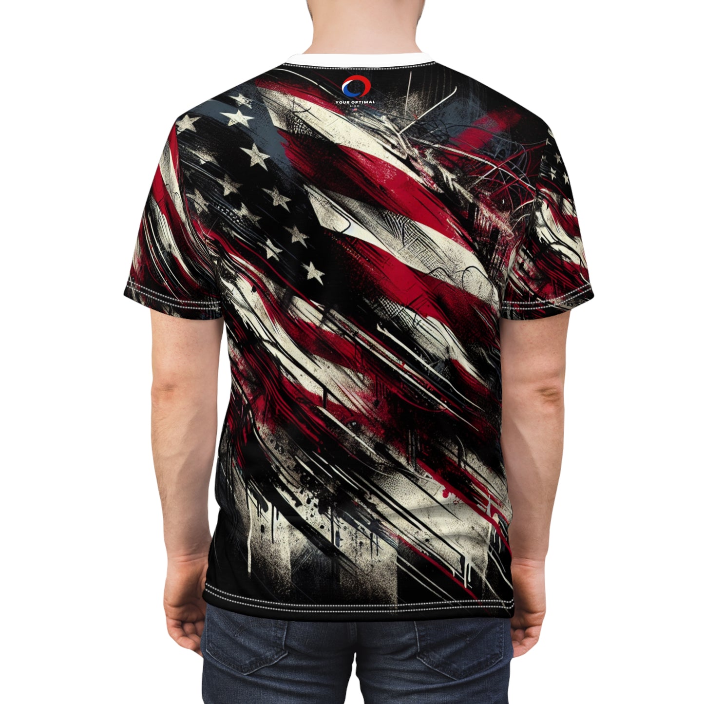 Edgy Americana Grunge Streetwear T-Shirt: Weathered USA Flag Design with Urban Graffiti Elements, Stylish Resilience - Patriotic Streetwear Tee