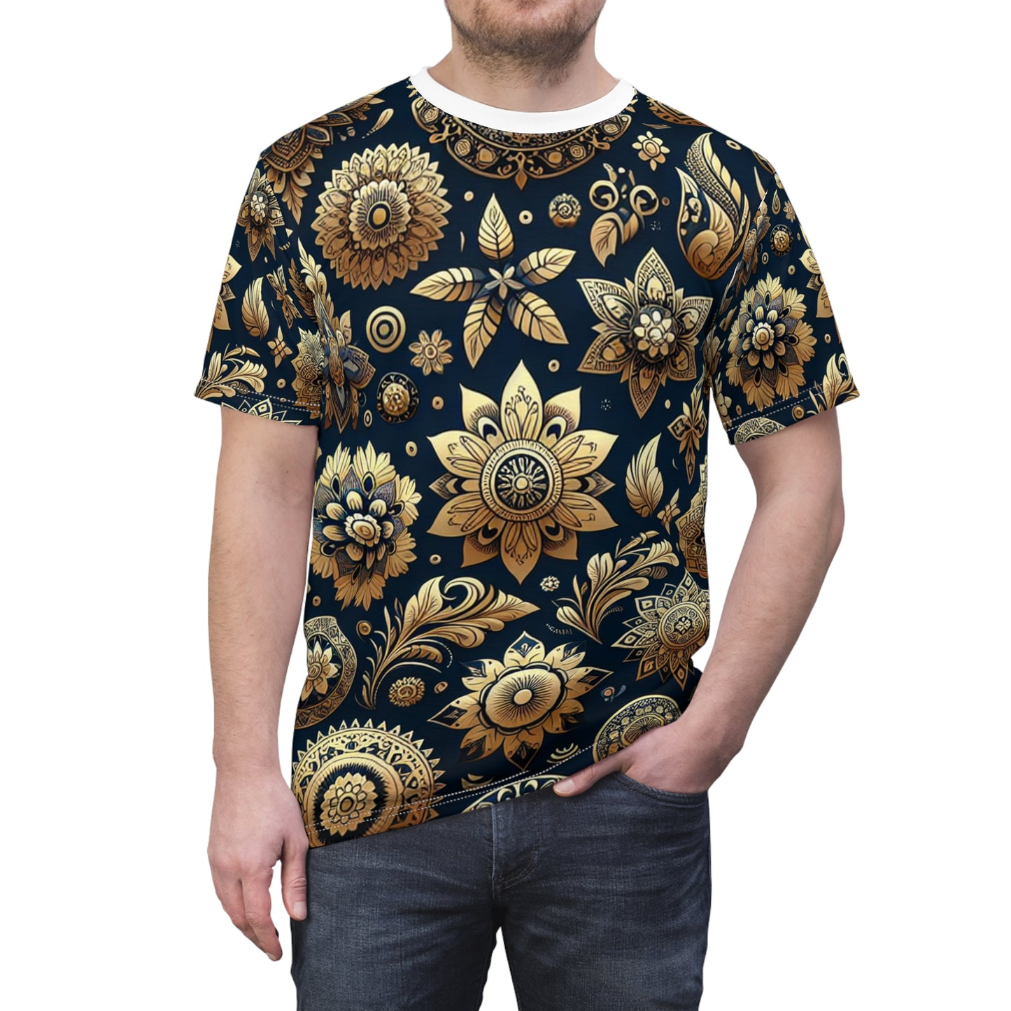 Gold Reflections: Traditional Indian Motif Seamless Pattern T-Shirt - Intricate Floral & Geometric Shapes on Blue Backdrop - Elegance of Rich Indian Motifs