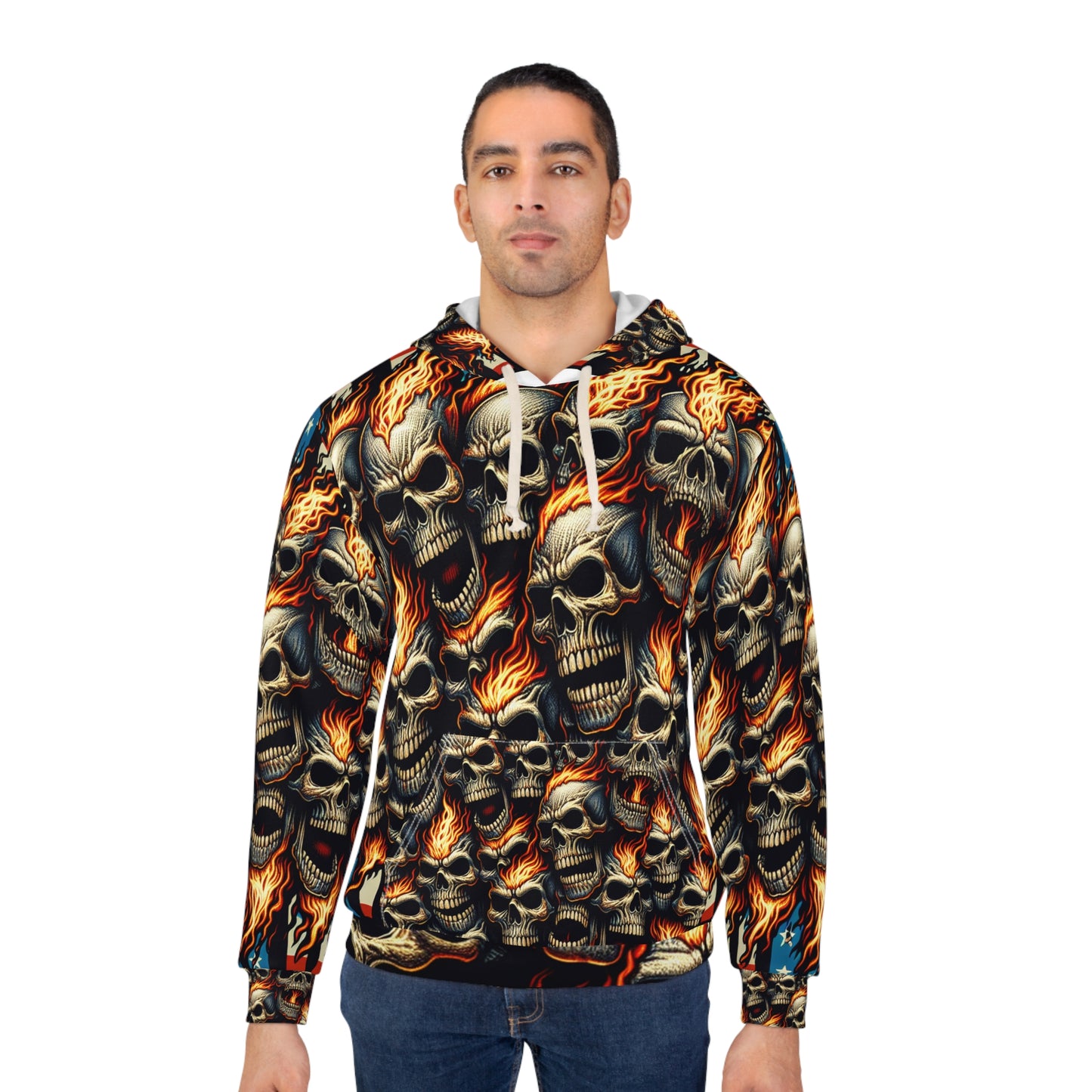 Inferno Patriot: Skull Blaze Tattoo Artistry Hoodie - Patriotic Streetwear Hoodie