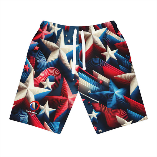 3D Star-Dazzle Shorts: Red, White, Blue Starburst - Festive, Patriotic Party Wear - Patriotic Streetwear Shorts