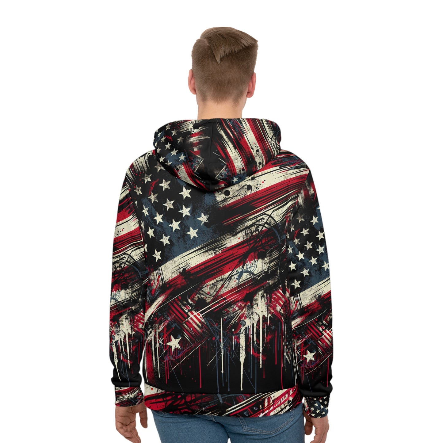 Urban Grunge American Flag Graphic Hoodie - Edgy Streetwear Style, Graffiti-Inspired Distressed Flag Design with Bold Splatter Effects