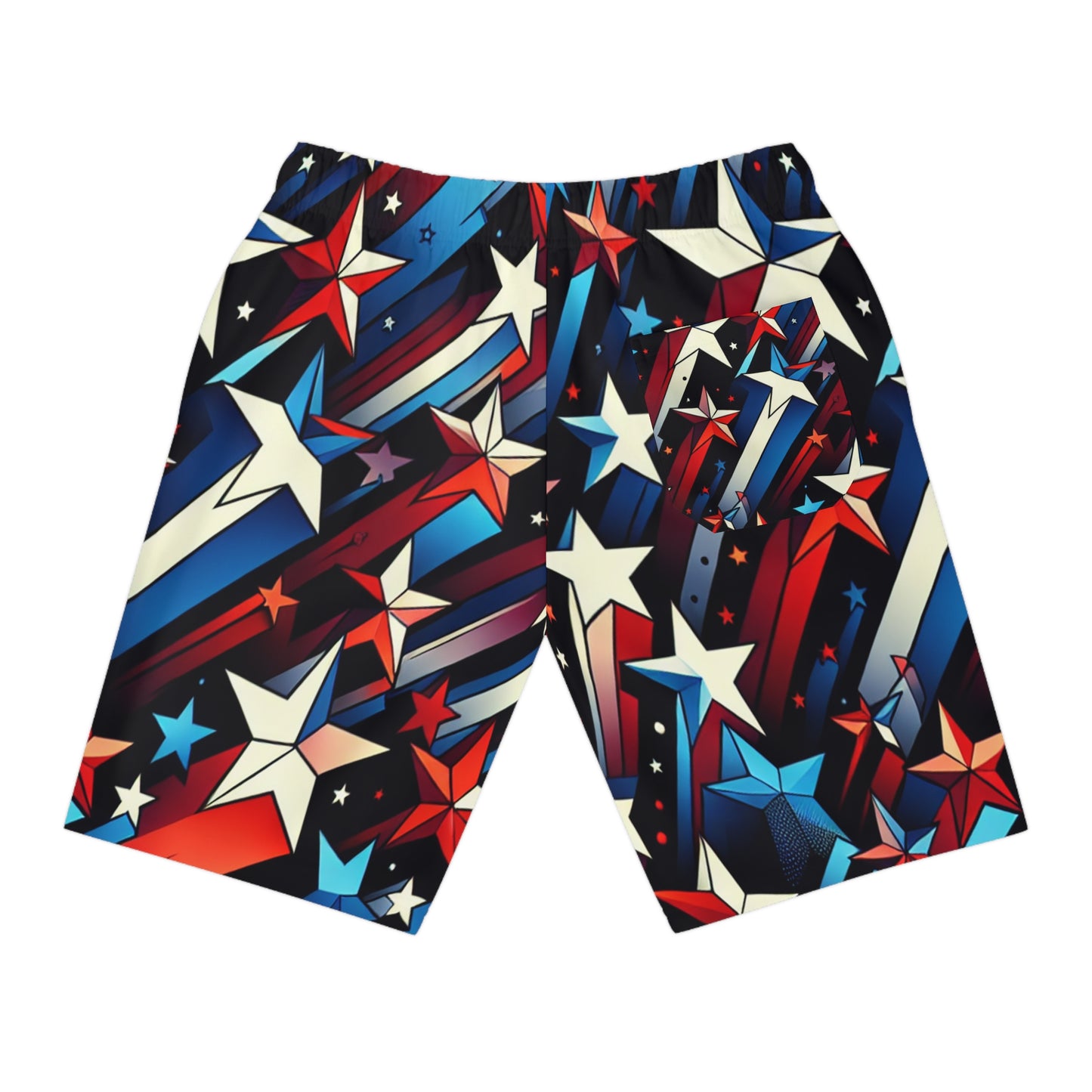 Festive 3D Starburst Shorts – Vibrant Red, White, & Blue – Patriotic Celebration Festival Wear - Patriotic Streetwear Shorts