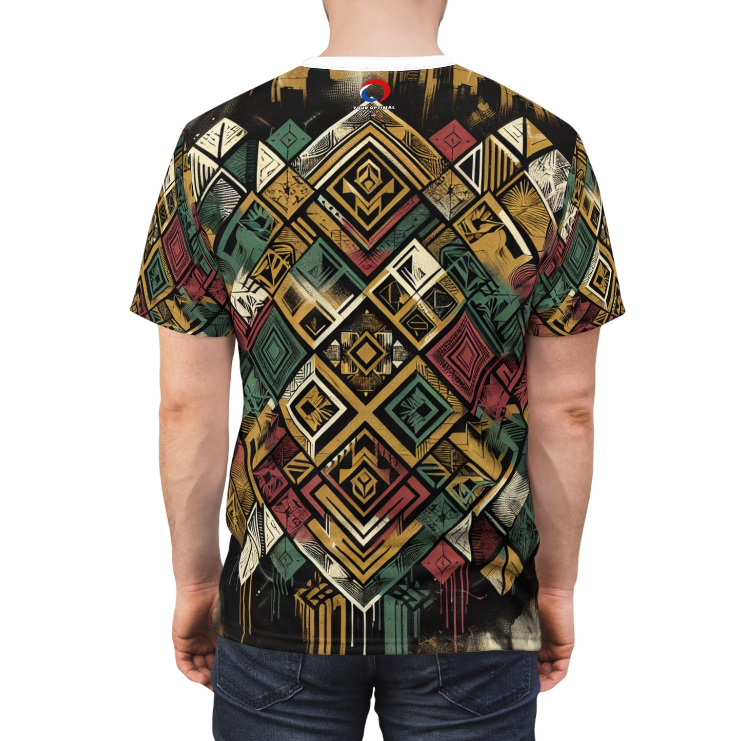 Urban Graffiti Meets African Artistry: Distressed Diamond-Grid & Geometric Tags T-Shirt - African Tribal Pattern-Inspired Tee