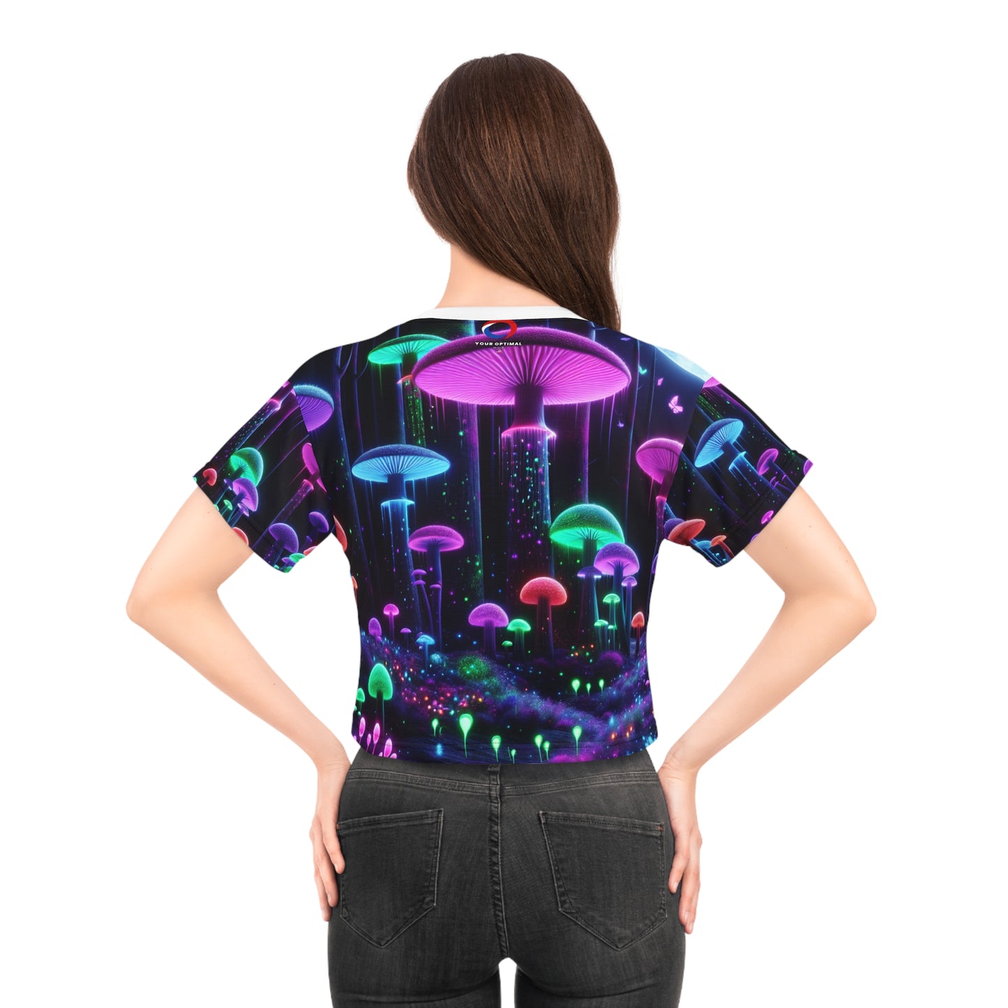 Mystical Moonlit Forest Glow: Blacklight-Ready Crop Tee with Neon Mushrooms, UV-Fluorescent Flora - Women's Blacklight Tee