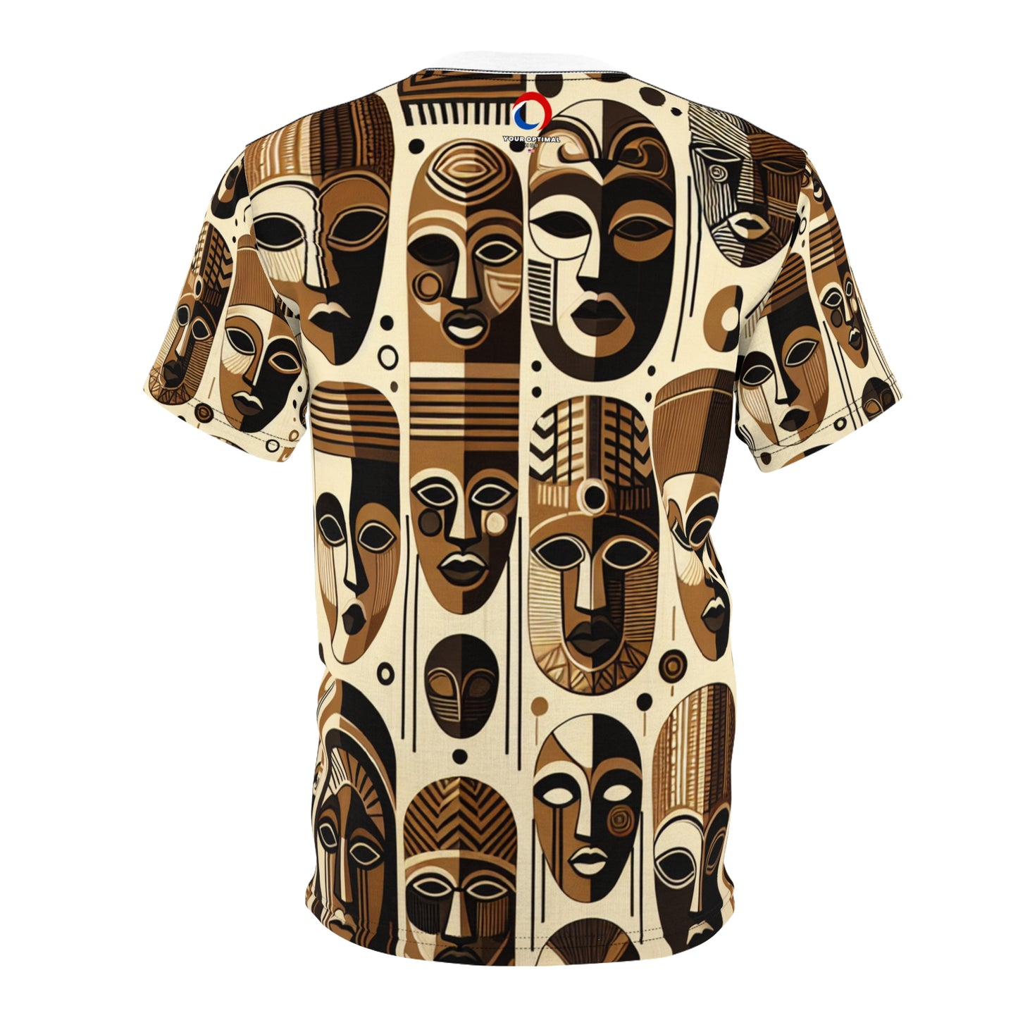 African Heritage Tapestry T-shirt: Monochrome Mask Design with Vivid Orange Details - African Tribal Pattern-Inspired Tee