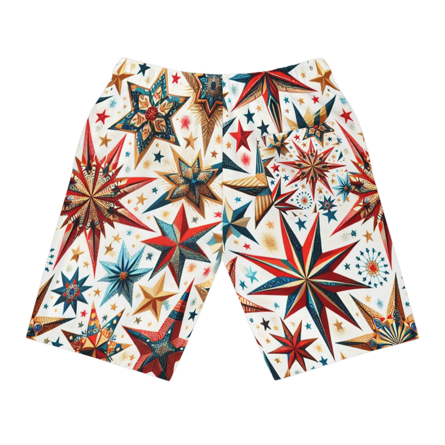 Festive Patriotic Star-Scattered Shorts - Red, Blue, Gold Stars on White - Perfect for 4th of July Celebrations - Patriotic Streetwear Shorts