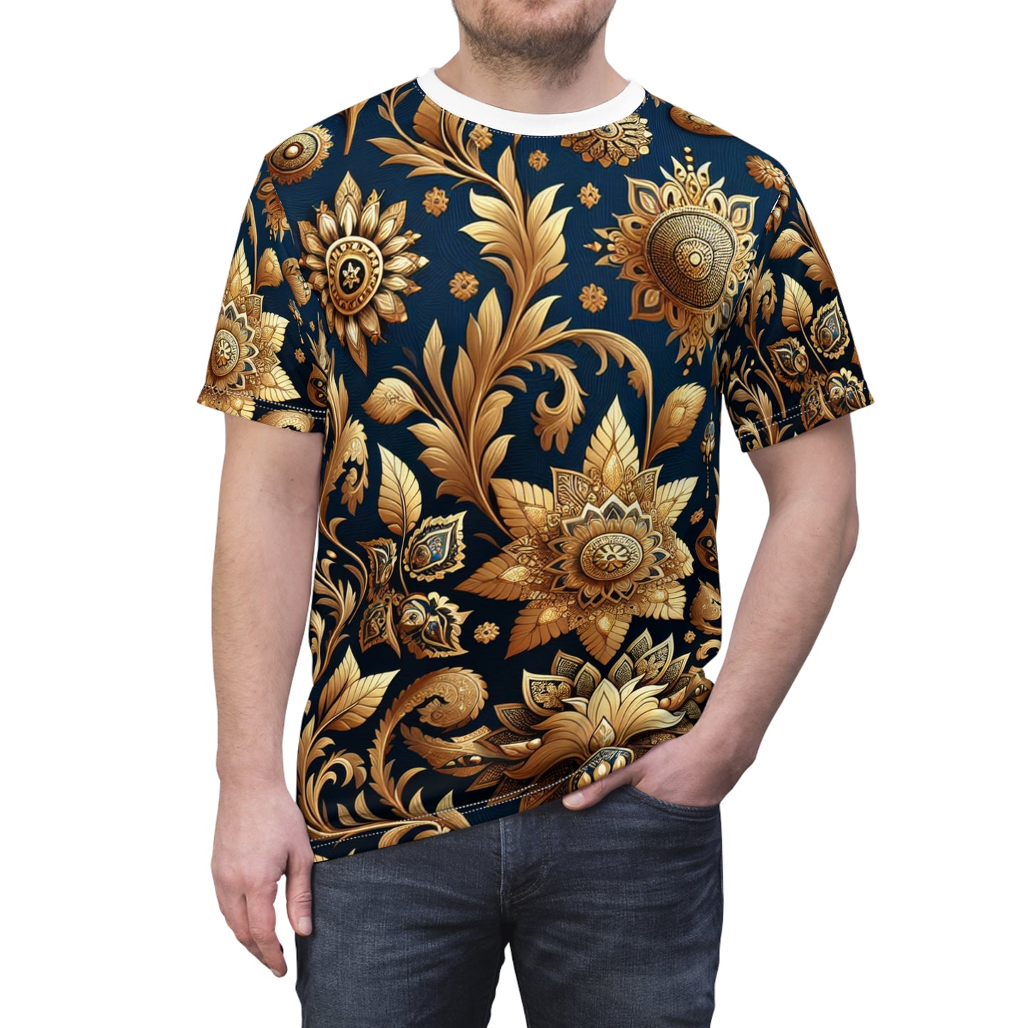 Golden Heritage - Traditional Indian Motif Patterned T-shirt: Seamless Intricate Design, Floral & Geometric Shapes, Rich Gold on Cool Blue