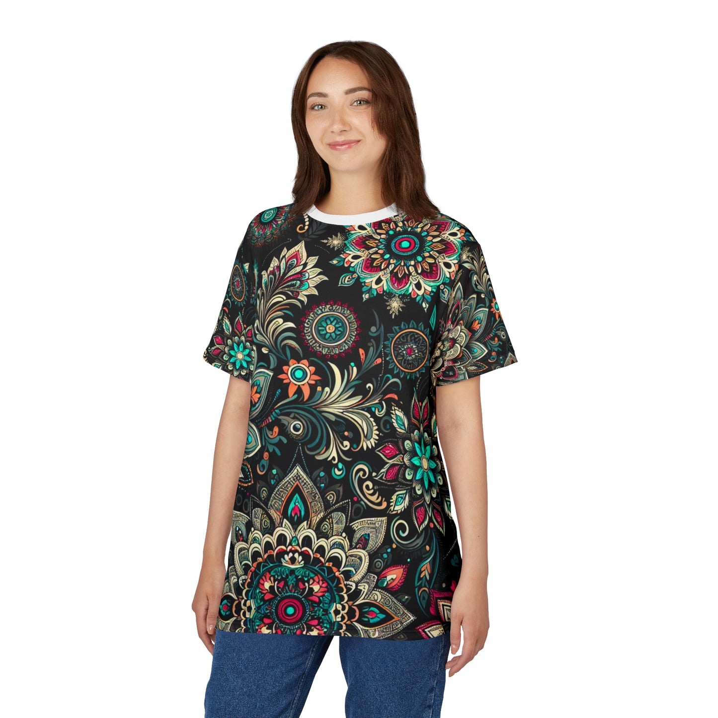 UV Reactive Traditional Indian Motifs T-Shirt - Scattered Radiating Bioluminescent Print on Black Background