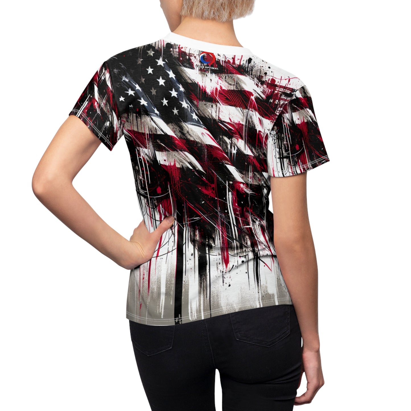 Distressed American Glory: Edgy Graffiti-Styled USA Flag Women's Tee for Bold Streetwear Fashionistas - Patriotic Streetwear