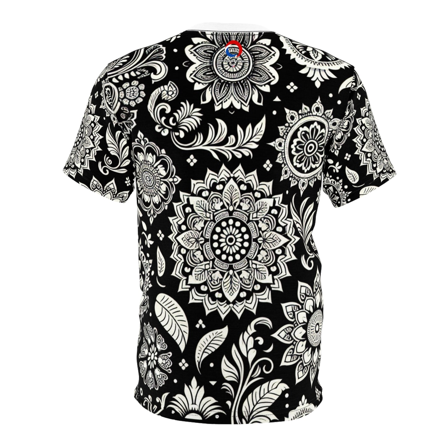 Traditional Indian Motif Scattered Design T-Shirt - Intricate Floral & Geometric Shapes on Black - Modern Seamless Pattern - Rich Indian Heritage Motifs Tee