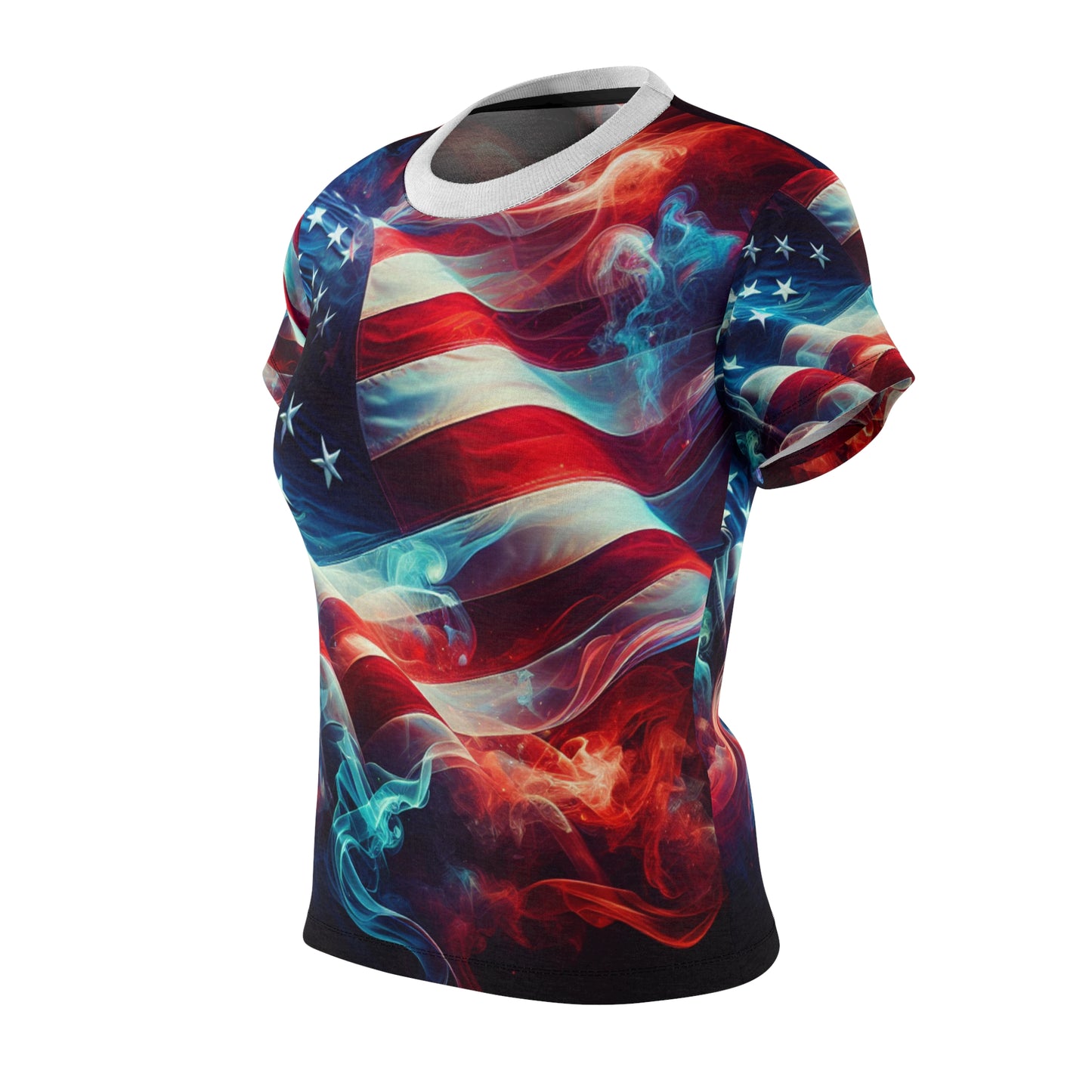 Mystic Smoke & Flag Women's T-shirt: Artful USA Pride in Transitioning Deep Red to Rich Blue - Patriotic Streetwear Tee