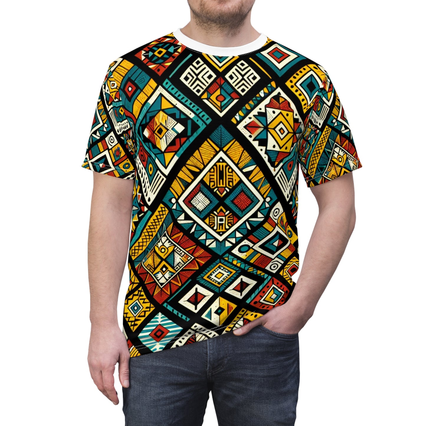 Vibrant African Storytelling Geometric Diamond Tribal Pattern T-shirt in Bold Colors - African Tribal Pattern-Inspired Tee