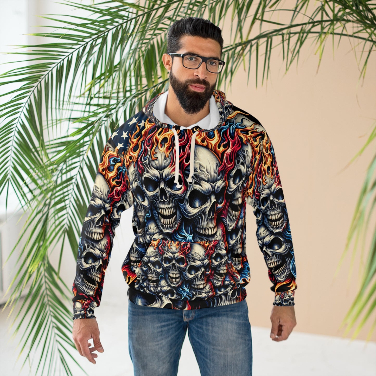 Menacing Blaze: Enflamed Skulls on Patriotic Ground Hoodie - Patriotic Streetwear Hoodie