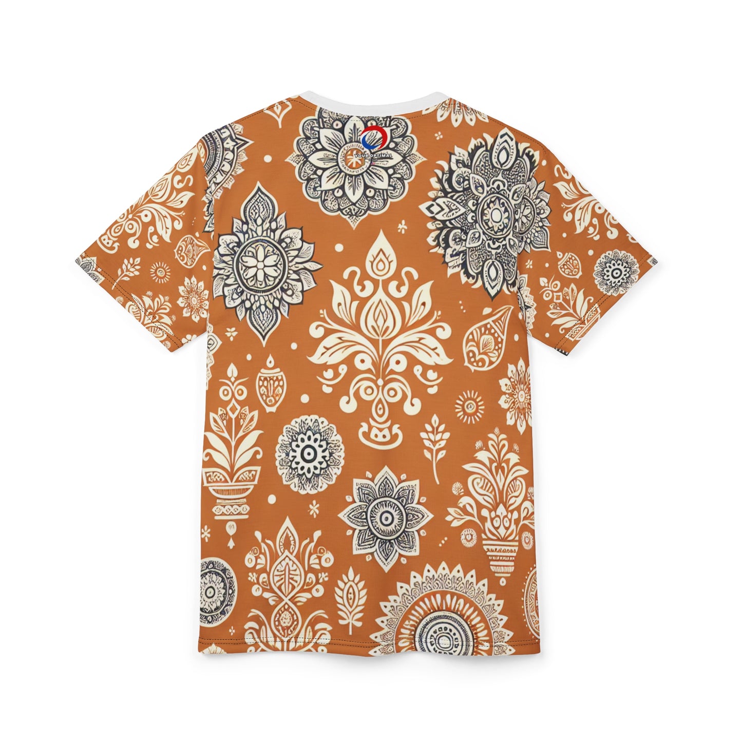 Traditional Indian Motif Print T-Shirt - Luxury Floral & Geometric Seamless Pattern - White on Orange - Modern Ethnic Décor Design Style