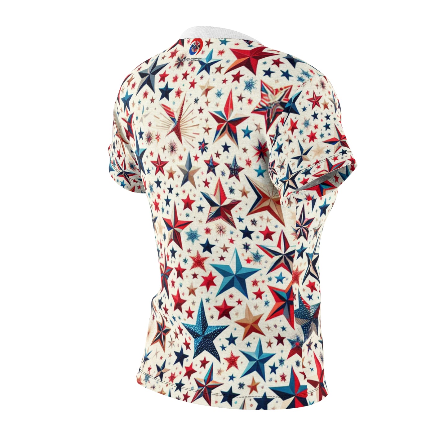 Women's Joyful Patriotic Star-Scattered T-Shirt - Vibrant Red, Blue & Gold for Festive Celebrations - Patriotic Streetwear Tee