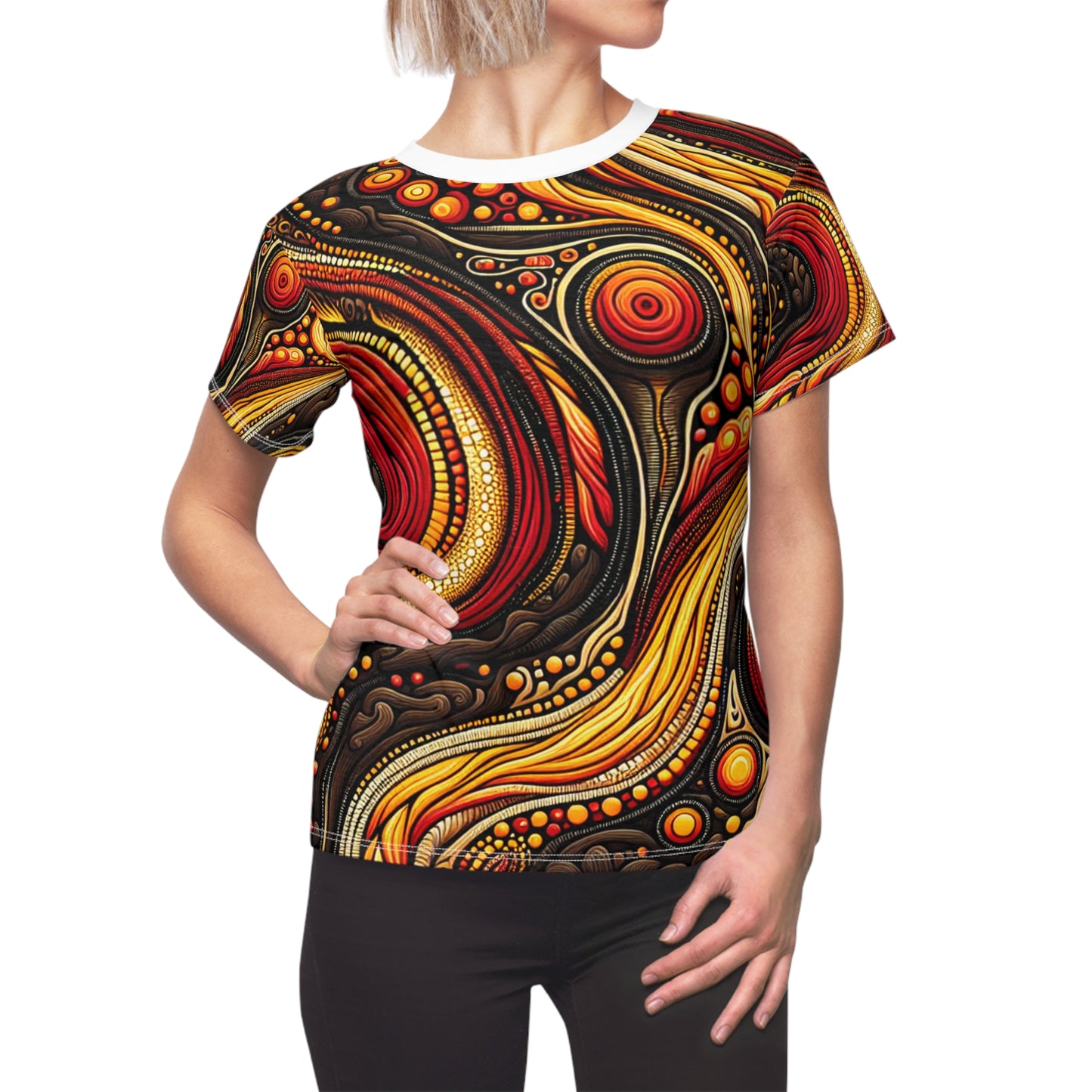 Aboriginal Inspired Volcanic Art T-Shirt, Women's Fiery Landscape, Indigenous Storytelling in Lava Motif - African Tribal Pattern-Inspired